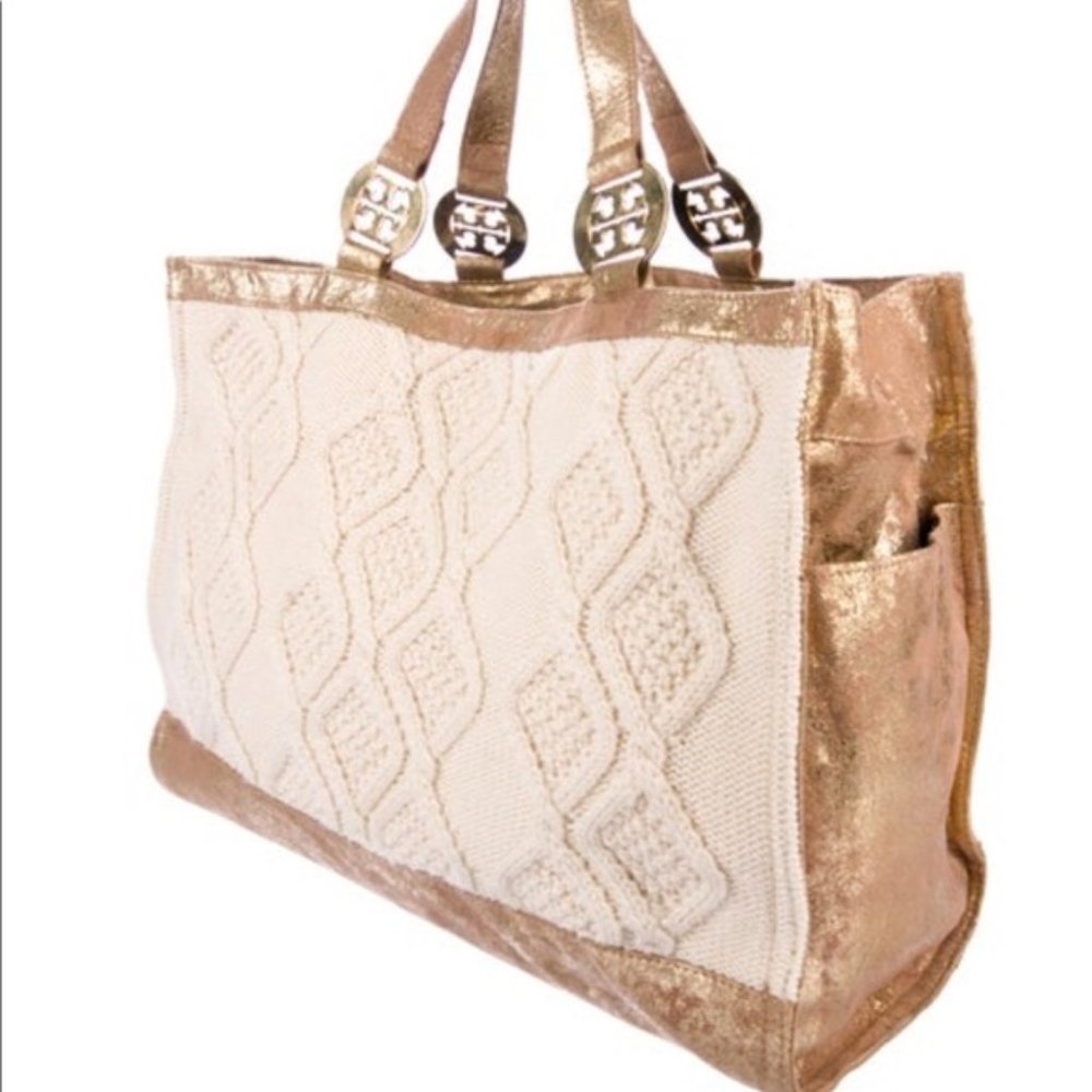 TORY BURCH Gold Metallic Cream Cable Knit Tote Bag